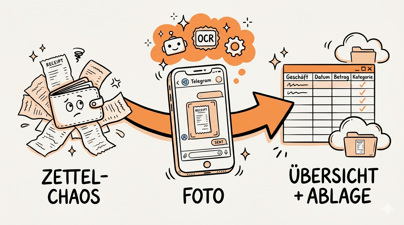 Telegram Beleg-Bot Workflow: Vom Zettel-Chaos zur sortierten Übersicht — Foto schicken, OCR und KI strukturieren die Daten, Ablage in Google Sheets und Drive